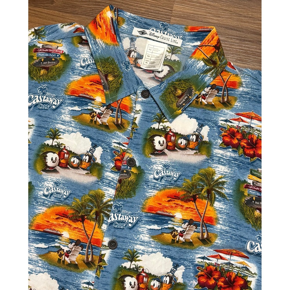 Disney Cruise Line Castaway Cay Mens Rayon AOP Hawaiian Shirt Mickey Mouse Sz XL